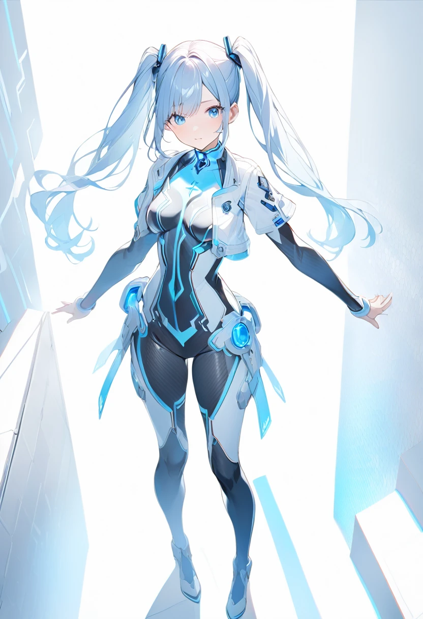 Blue Star,Twin tails,Top view,Standing on a white floor,Blue light pattern,Bodysuits,Open chest