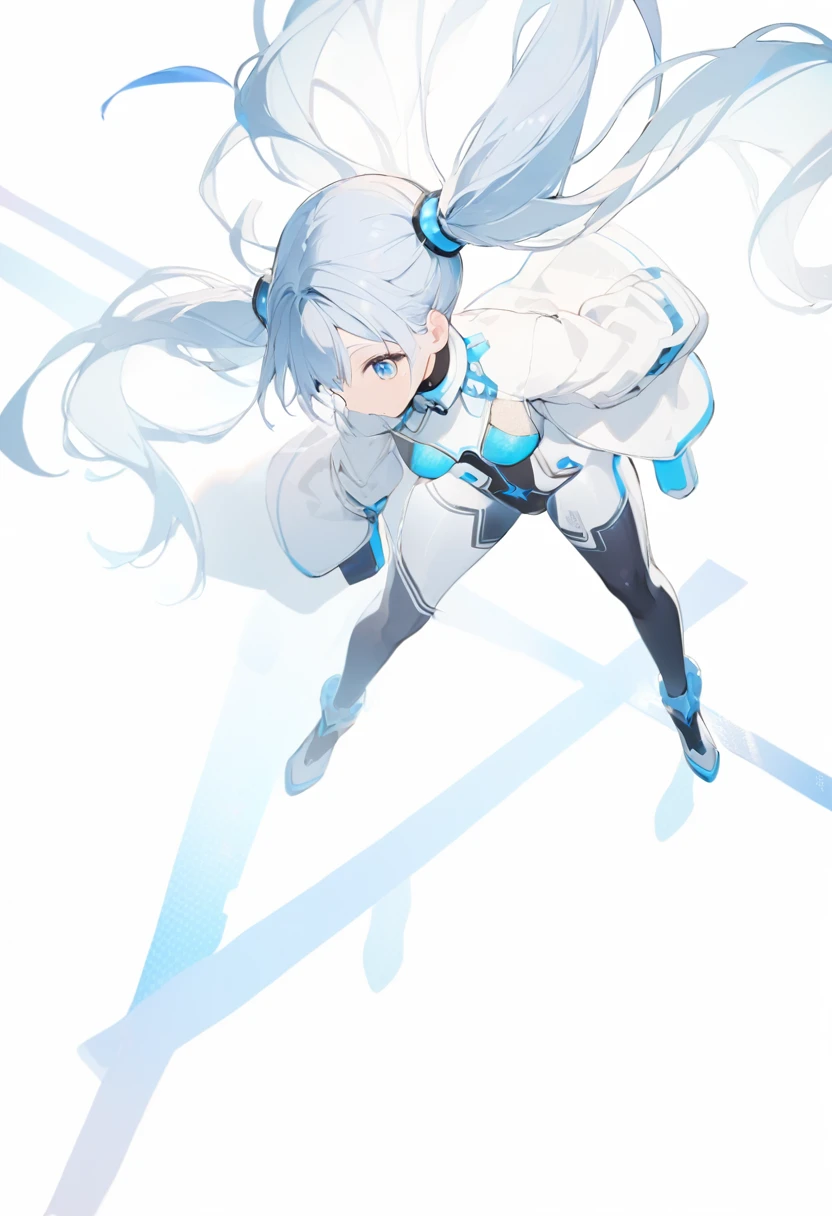 Blue Star,Twin tails,Top view,Standing on a white floor,Blue light pattern,Bodysuits,Open chest