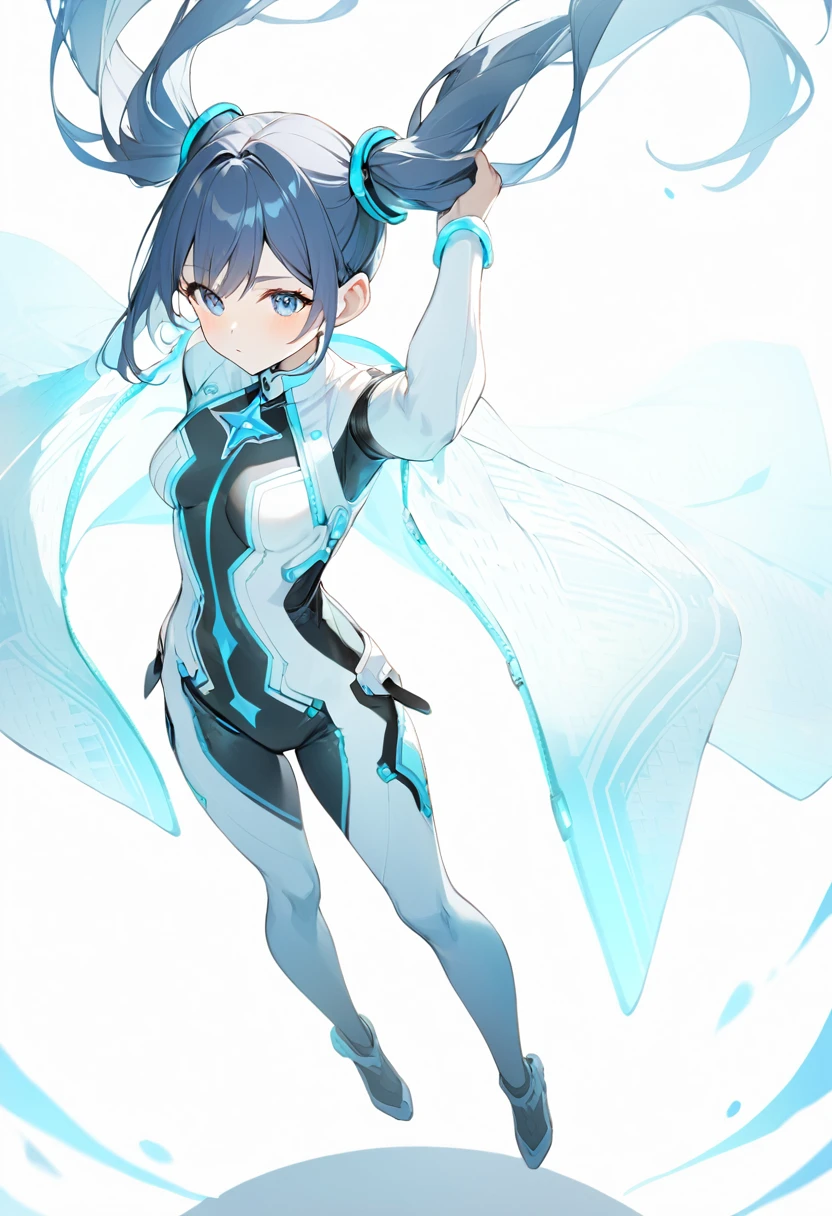 Blue Star,Twin tails,Top view,Standing on a white floor,Blue light pattern,Bodysuits,Open chest