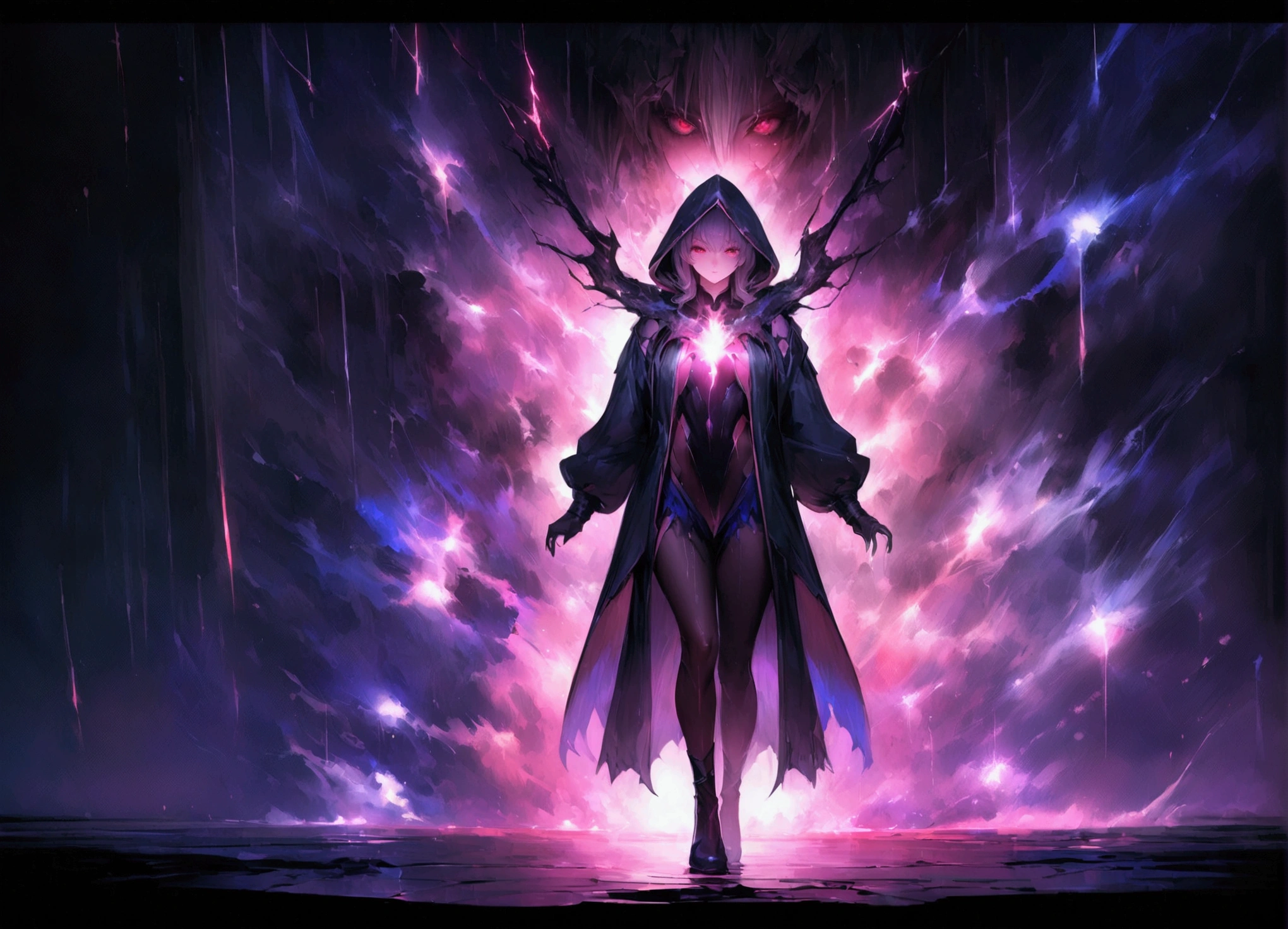 masterpiece, witch, The body is attractive、, Wearing a hood, In the Shadows, , The colours of Positano, Completely in frame, whole body, Releases electrical energy, whole body, Beautiful anime waifu style man, Ultra-Definition CG Painting, Luminism, art:Karn Griffiths、ヴァディム・カシン コンセプトart, 8k resolution, Fractal isometric detail bioluminescence , complicatedly detailed , Cinematic, trending on art station Isometric Centered hyper Realistic cover photo awesome full color, granular, Realistic, complicated, Hit definition , Cinematic, bold, Vibrant, wonderful, Super high quality model、Being pelted with rain in the dark、Lightning Control、Red eyes