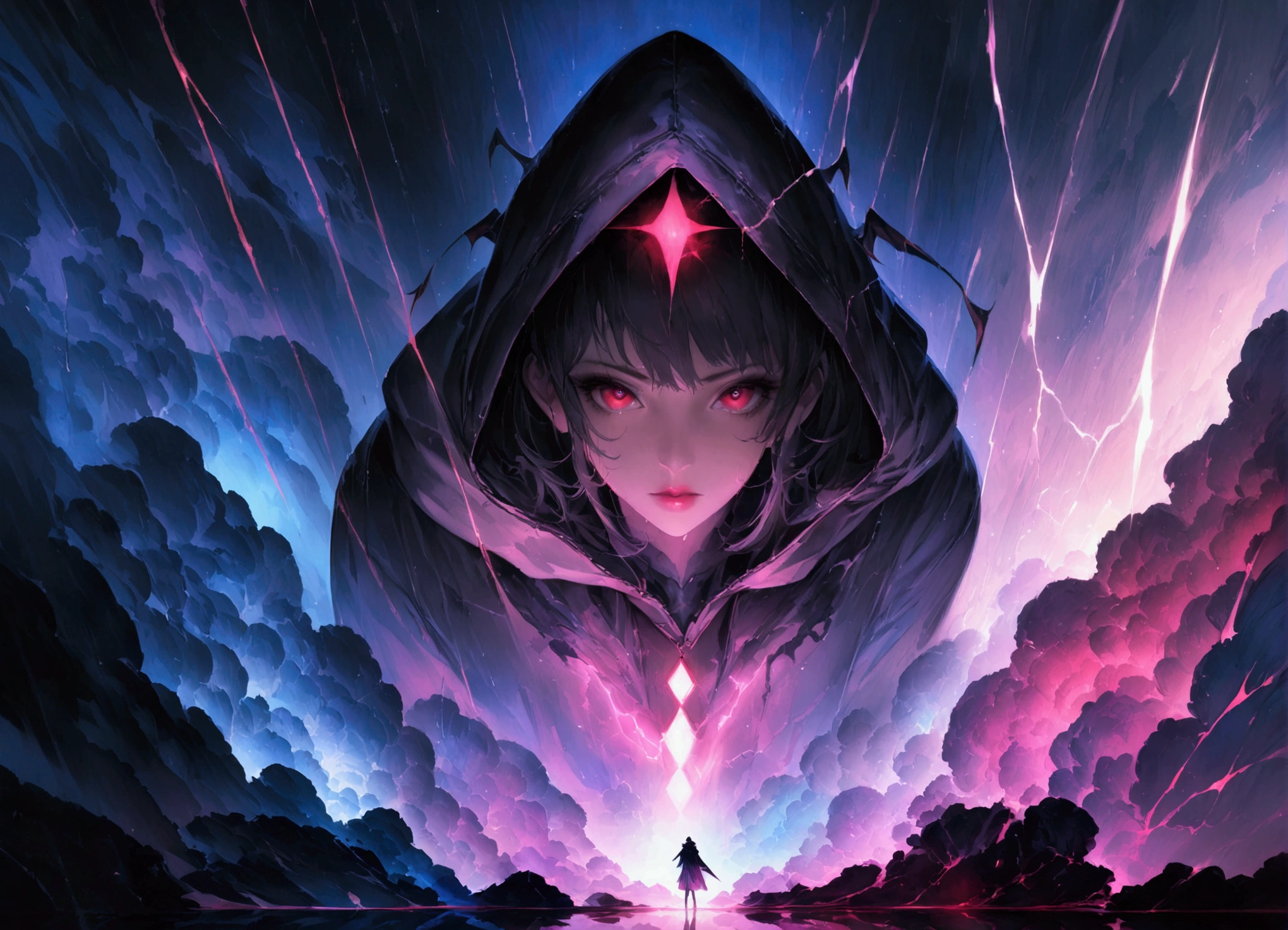 masterpiece, witch, The body is attractive、, Wearing a hood, In the Shadows, , The colours of Positano, Completely in frame, whole body, Releases electrical energy, whole body, Beautiful anime waifu style man, Ultra-Definition CG Painting, Luminism, art:Karn Griffiths、ヴァディム・カシン コンセプトart, 8k resolution, Fractal isometric detail bioluminescence , complicatedly detailed , Cinematic, trending on art station Isometric Centered hyper Realistic cover photo awesome full color, granular, Realistic, complicated, Hit definition , Cinematic, bold, Vibrant, wonderful, Super high quality model、Being pelted with rain in the dark、Lightning Control、Red eyes