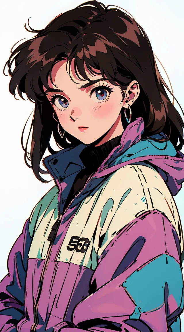 Best image quality, 90s style anime, 21 year old girl, Brown Hair, Wanren Long Hair, Slanted Eyes, Wearing a loose parka, 90s fashion, White Background,