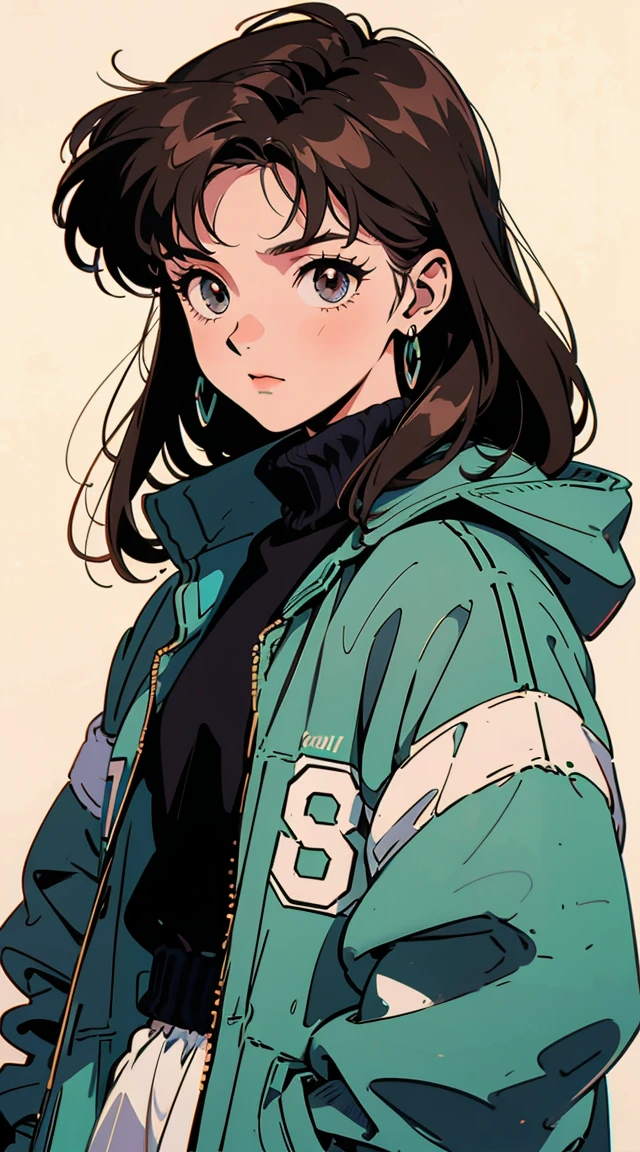 Best image quality, 90s style anime, 21 year old girl, Brown Hair, Wanren Long Hair, Slanted Eyes, Wearing a loose parka, 90s fashion, White Background,
