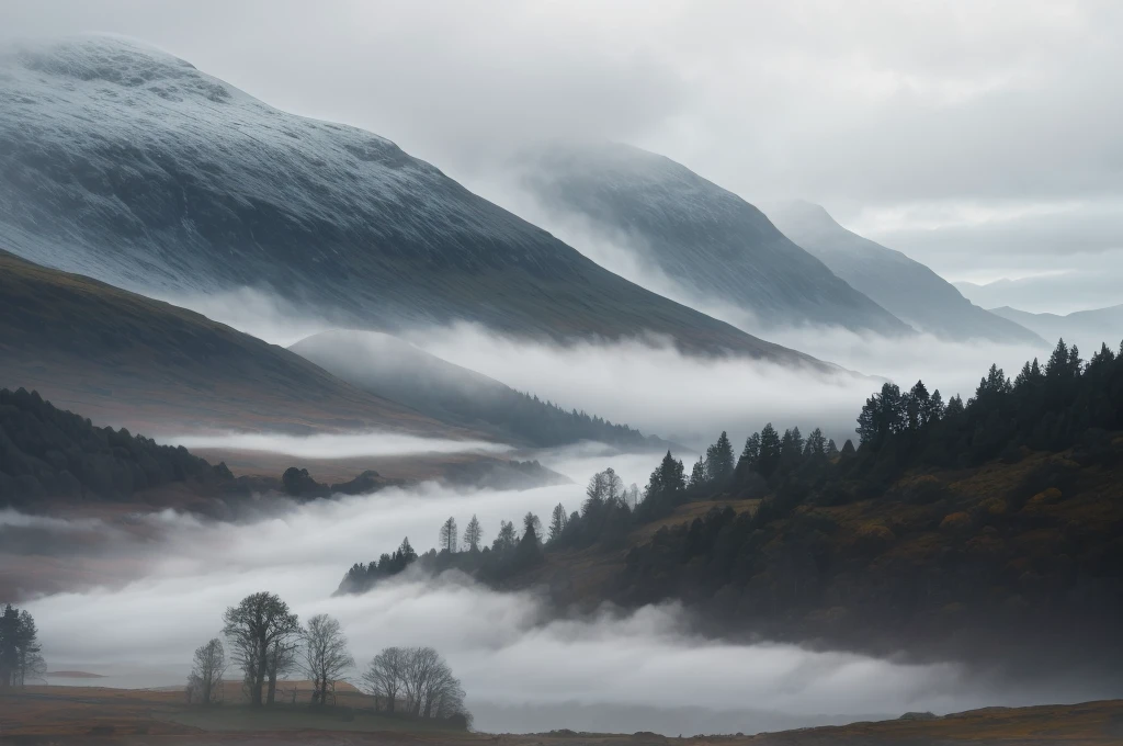 Scottish highlands, foggy day.