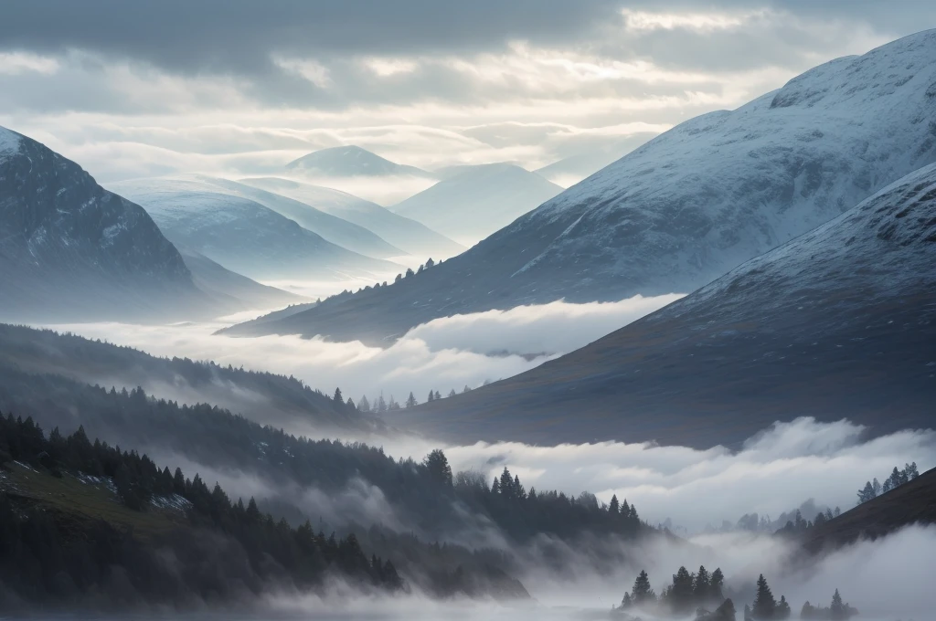 Scottish highlands, foggy day.