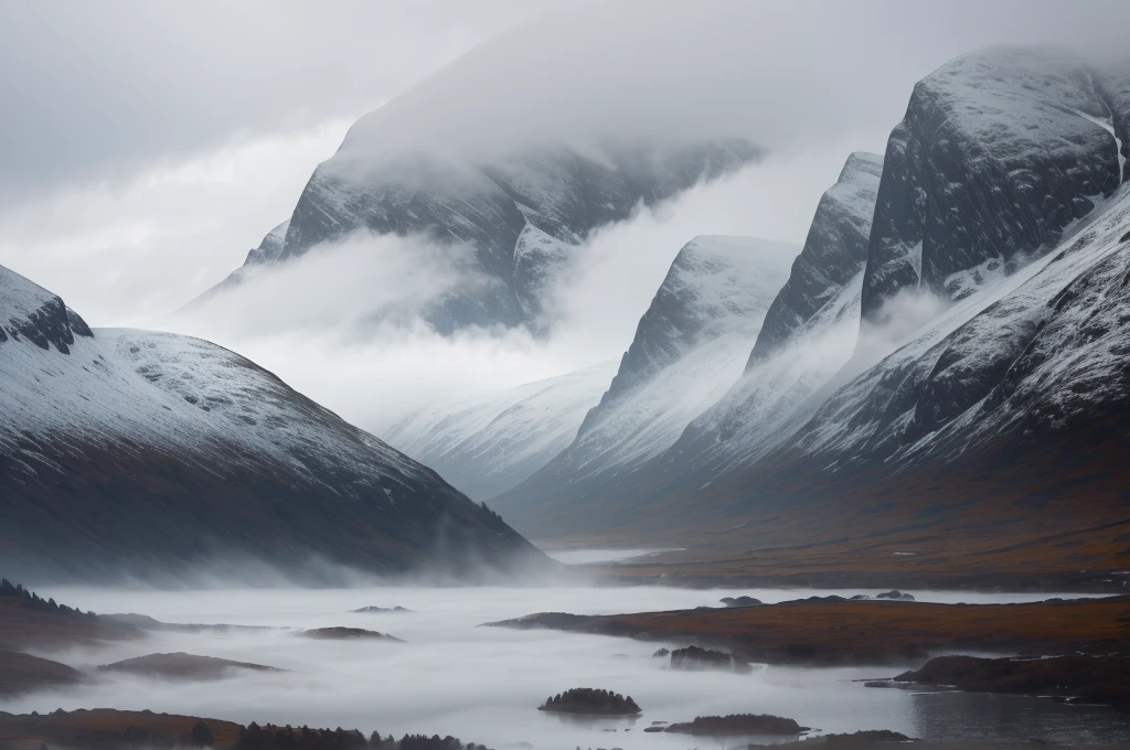 Scottish highlands, foggy day.