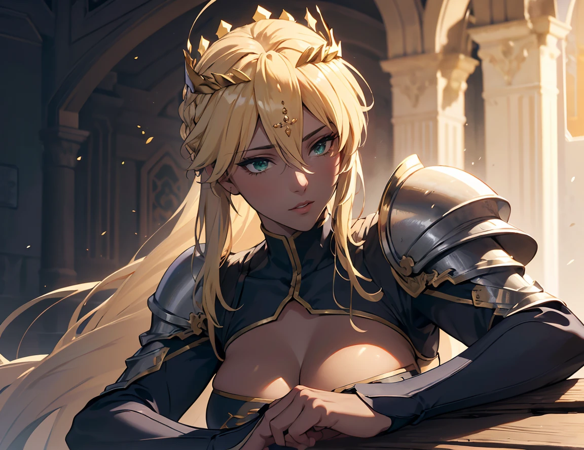 Artoria Lancer, Mulher Madura, elegante, cabelo loiro, olhos verdes, Curvilíneo, coroa, Ombro nu, tronco, Resolução 4k, alta qualidade, Hyperresolution,accuracy,Detailed rendering,(Subtle facial image)(Image of fine hair)(topquality)(Masterpieces of masters)(High degree of completeness)(A sense of atmosphere)tmasterpiece,Super detailed and super detailed(portrait), long blonde hair, (((twin braids)))(((ANKLE LENGTH HAIR))) (((Sakimichan))) (((blonde)))((Armor)) ((Halberd))) (((warrior))) (((darker skin)))