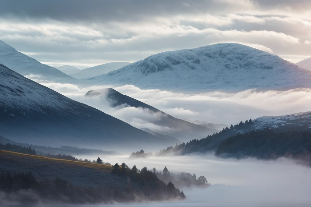 Scottish highlands, foggy day.