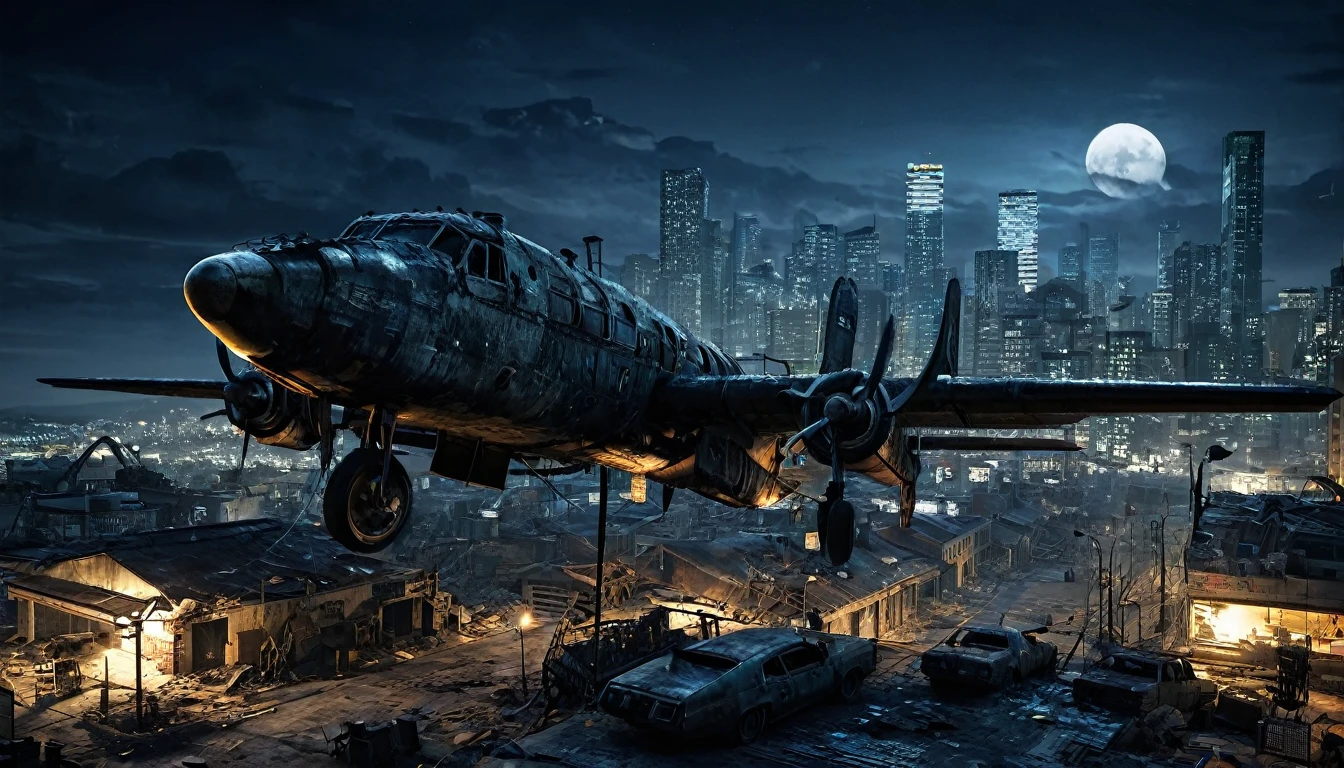 plane night city post apocalyptic
