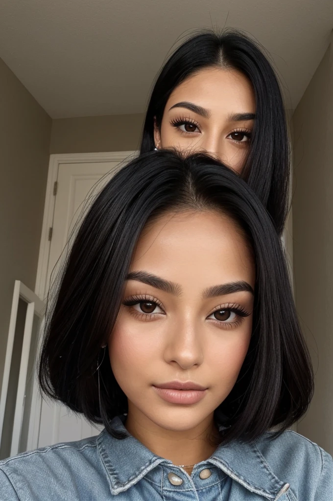 She takes a selfie. She is holding her credit card in her right hand. A beautiful young woman in her twenties, with Latino features. She has long, straight black hair that falls loosely over her shoulders. Her face has soft and balanced contours. She has large, well-defined dark brown eyes with long, thick eyelashes and well-arched black eyebrows. His nose is straight and slightly refined, proportionate to his face. Her lips are full and defined, with a natural color, and they are closed, contributing to her neutral expression. Her skin is matte, smooth and without visible imperfections. She is dressed properly.