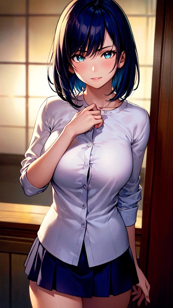 {akane kurokawa:1.5}, {oshinoko}, (8k), ((Best Quality)), (Ultra-Detailed), High Resolution, Extremely Details CG, ((Photorealistic:1.2)), official art, by famous artist, perfect hands, perfect anatomy, super detailed skin, Beautifully Detailed Eyes, Beautifully Detailed Skin, Beautifully Detailed Hand, Beautifully Detailed Fingers, Beautifully Detailed Lip, Shiny Skin, Shiny Skin, Glossy Skin, PUPILS SPARKLING, Moody Lighting, Film Reflection, Deep Rendering, beautiful countenance, 1 girl in, 独奏, 25 years old, blue hair, Bob cut with even ends, ((Big, round eyes)), Calm face, Long eyelashes, green-blue eyes, wince, (blush), (Yandere Women), room, ((night)), Ruffled shirt, skirt, Cowboy Shot, Reader model,