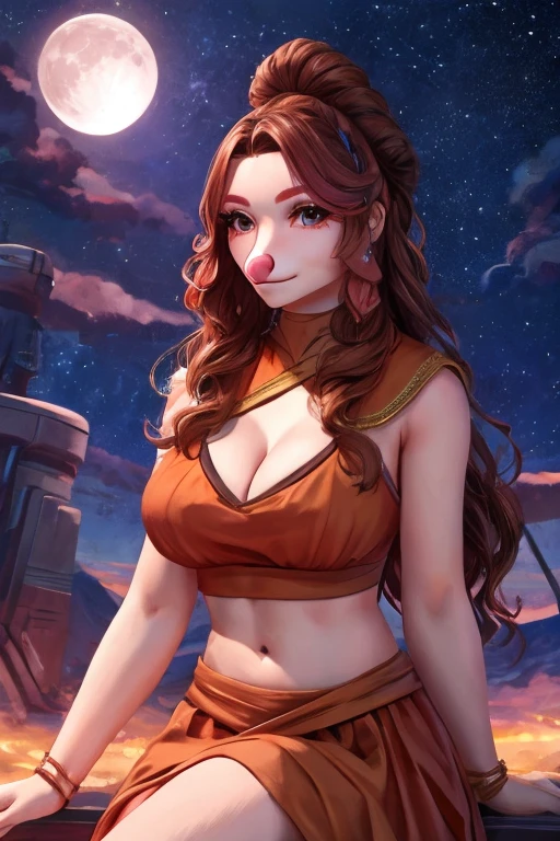 (crop top) ((cleavage)) hourglass figure: (Brown wavy hair) Jenna Coleman: Star Wars: flamingo: Moon: