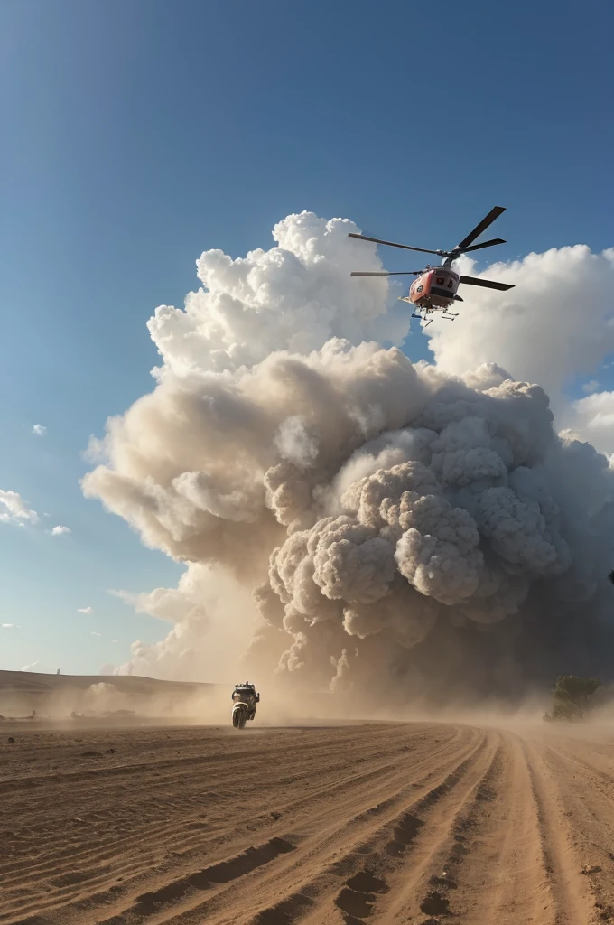 A doctor helicopter lands, kicking up a cloud of dust.