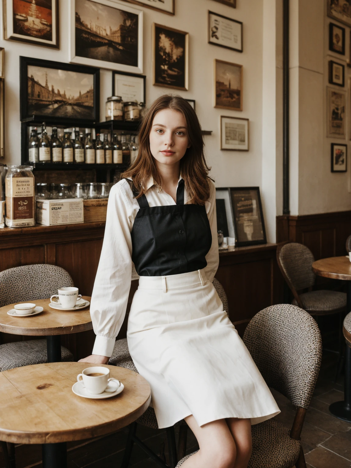 her name is Elle, high quality, 1girl, ((20-year-old fit Caucasian woman)), ((20 years old)), ((large_uplift_breasts)), ((thin belly,fit)), ((pale skin)), medium length straight auburn hair , wearingRuched Front Satin Blouse + High-Waisted Asymmetrical Skirt, pose: sitting on a chair, background: Describe the cozy interior of a Parisian café, with its small round tables topped with checkered tablecloths, wrought iron chairs, vintage posters adorning the walls, and the aroma of freshly brewed coffee mingling with the scent of freshly baked croissants.