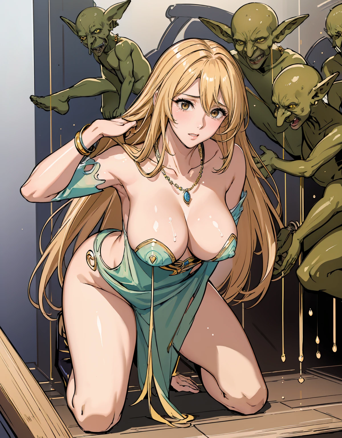 Browsing Caution,{Highest quality}, {so beautiful}, {Very detailed}, {Best illustrations}, Browsing Caution,nude,Red collar, (1 Mature Female Wizard,Age 25,Place your arms behind your back:1.5,Gorgeous Wizard Dress), (A female wizard surrounded by three male goblins), (A violent goblin in heat:1.5),Outdoor,(weak々Kneeling deeply,Surrender), (cry:1.5), (Gorgeous Necklace,jewelry, bracelet), (Torn clothes)、take off your clothes:1.5、Exposed breasts、,Spread your legs,(Be incontinent)、Frightened expression, Fold your hands behind your body:1.9,