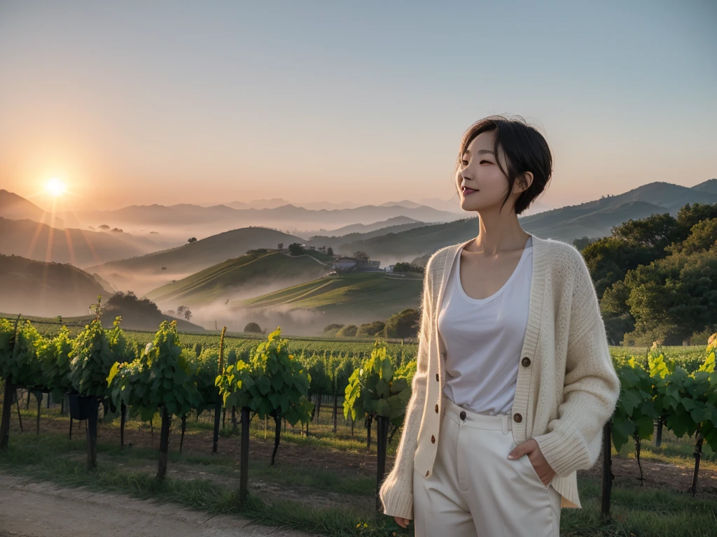 8k realistic, lifelike photo,, 36 year old Korean woman, Short in stature, pretty like a model. White shirt and short cardigan, casual pants, short medium hair, Smiley, Italy. vineyard, thick dawn fog. vineyard 멀리 짙은 안개 속으로 성당이 보인다. 1 woman, Short in stature, Excellent picture quality, The morning fog is thick, The picture quality is alive. Looking up the side, sunrise red light, A monastery can be seen in the distance, . Smiley,