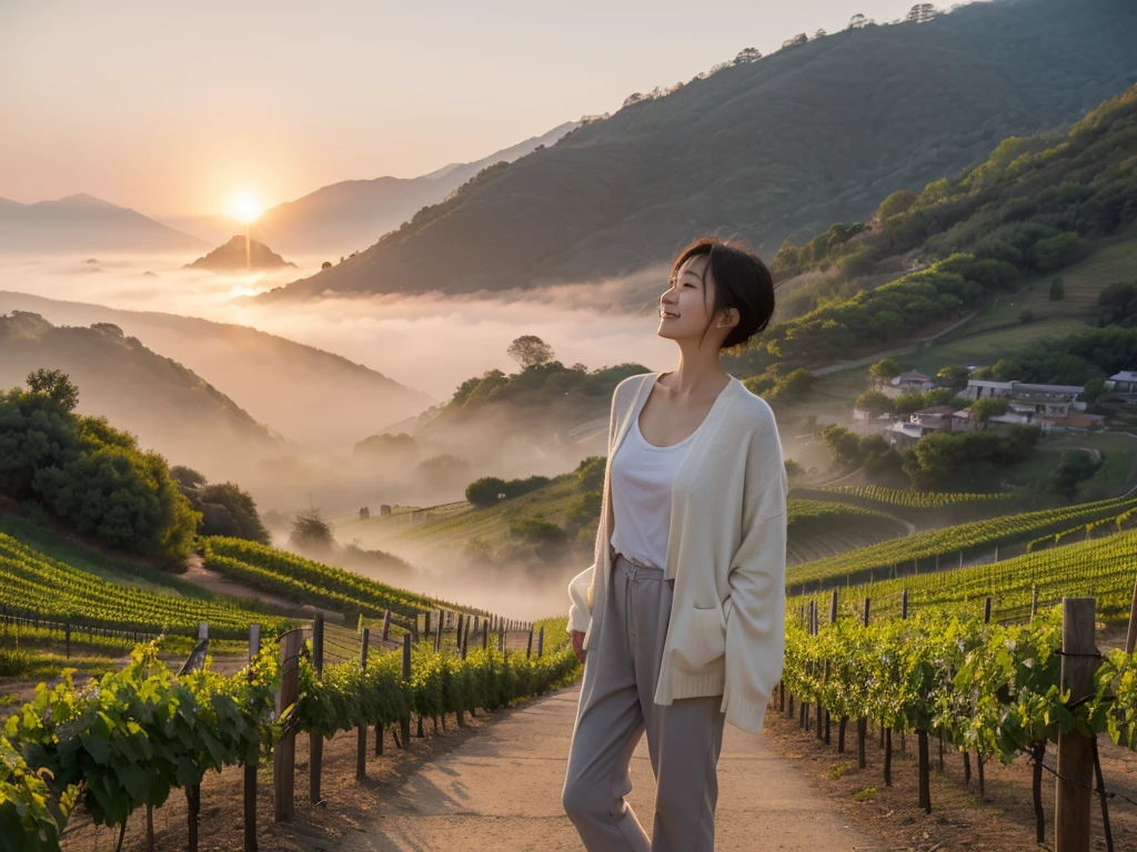 8k realistic, lifelike photo,, 36 year old Korean woman, Short in stature, pretty like a model. White shirt and short cardigan, casual pants, short medium hair, Smiley, Italy. vineyard, thick dawn fog. vineyard 멀리 짙은 안개 속으로 성당이 보인다. 1 woman, Short in stature, Excellent picture quality, The morning fog is thick, The picture quality is alive. Looking up the side, sunrise red light, A monastery can be seen in the distance, . Smiley,