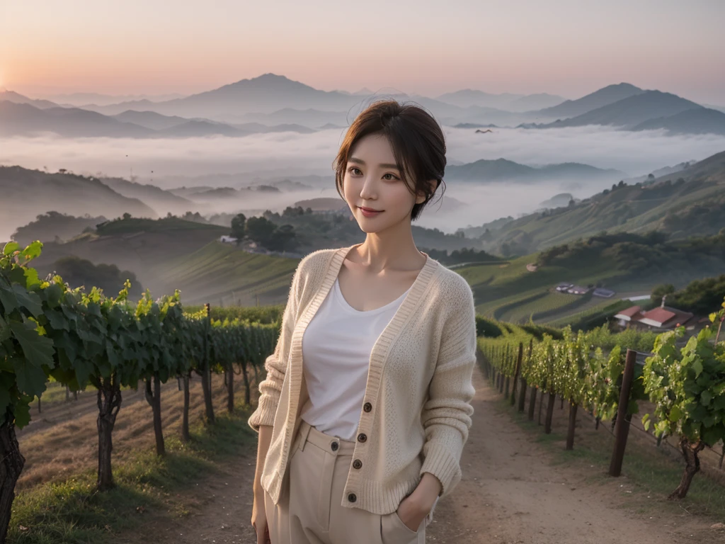 8k realistic, lifelike photo,, 36 year old Korean woman, Short in stature, pretty like a model. White shirt and short cardigan, casual pants, short medium hair, Smiley, Italy. vineyard, thick dawn fog. vineyard 멀리 짙은 안개 속으로 성당이 보인다. 1 woman, Short in stature, Excellent picture quality, The morning fog is thick, The picture quality is alive. Looking up the side, sunrise red light, A monastery can be seen in the distance, . Smiley,