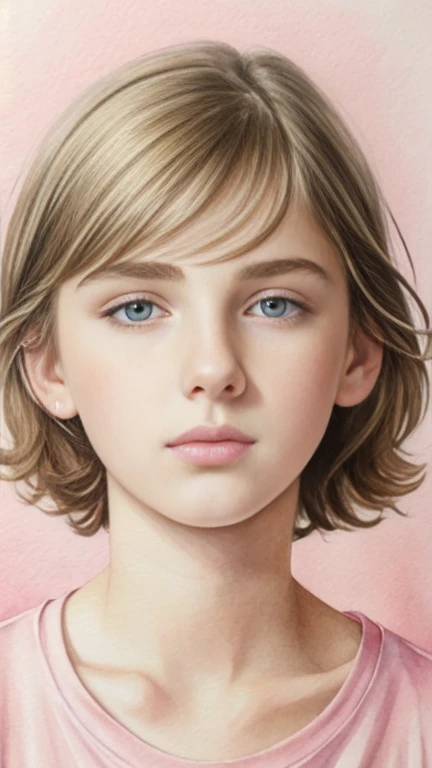(work of art),(best qualityer:1.1),(ultra detali),best illustration,fine-details,(portraite:1.1),(close-up intenso),Watercolor drawing)floating,1 girl,standing alone,13 year old,Scrawny,(extremely delicate and beautiful face),(beautiful detailed eyes),thick pink lips,(Shaggy hair),(wearing a loose pink t-shirt),soft and lazy,(simple background:1.2)whole colored background,clearing,4K