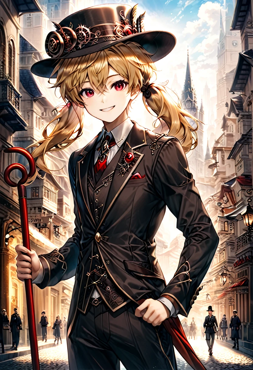 One young boy, red ruby eye, beautiful face like girl, ponytailed blonde, in noble suit. City background. Hat. Cane. Noble. Smile