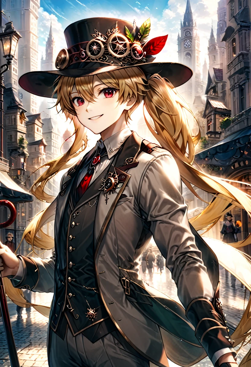 One young boy, red ruby eye, beautiful face like girl, ponytailed blonde, in noble suit. City background. Hat. Cane. Noble. Smile