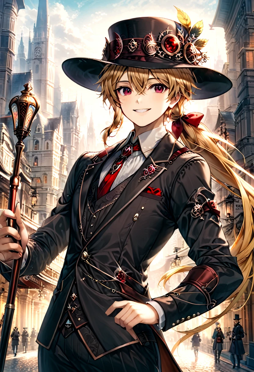 One young boy, red ruby eye, beautiful face like girl, ponytailed blonde, in noble suit. City background. Hat. Cane. Noble. Smile