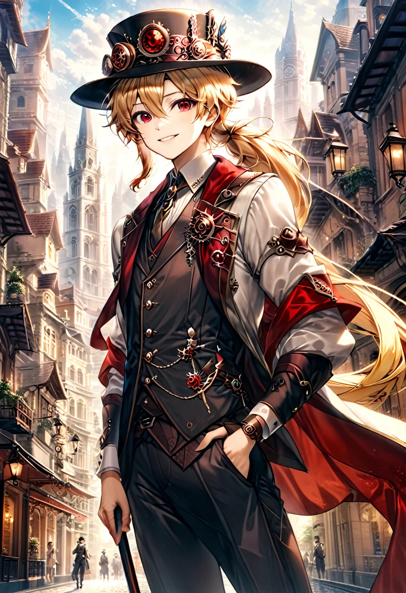 One young boy, red ruby eye, beautiful face like girl, ponytailed blonde, in noble suit. City background. Hat. Cane. Noble. Smile