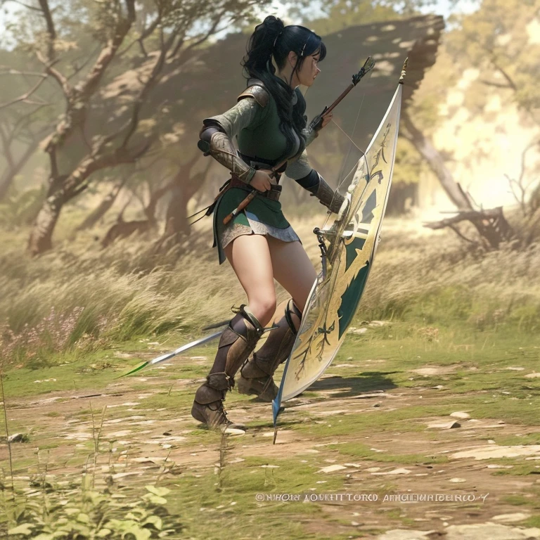 arafed Female shooter with bow and arrow in a field, 森のFemale shooter, Holding a spear, Wield a spear, Female shooter, holding weapon and shield, Adult female warrior of the North, Wield a sword and shield, Longbow of Arrows, Wield a battle axe, Wield a bow, Holding a spear, Wield a long spear, Grab the spear, Hunter woman in the forest