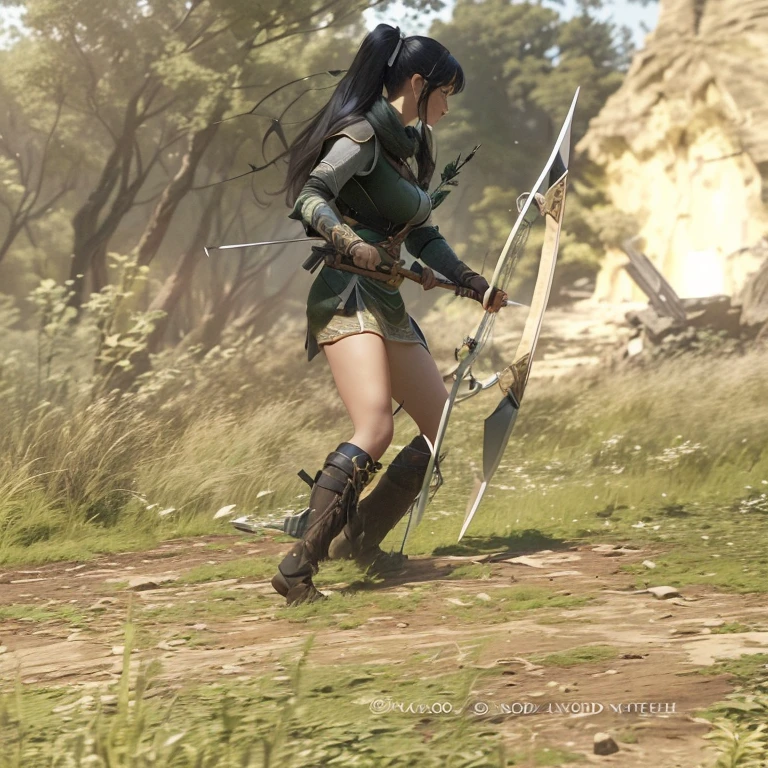 arafed Female shooter with bow and arrow in a field, 森のFemale shooter, Holding a spear, Wield a spear, Female shooter, holding weapon and shield, Adult female warrior of the North, Wield a sword and shield, Longbow of Arrows, Wield a battle axe, Wield a bow, Holding a spear, Wield a long spear, Grab the spear, Hunter woman in the forest