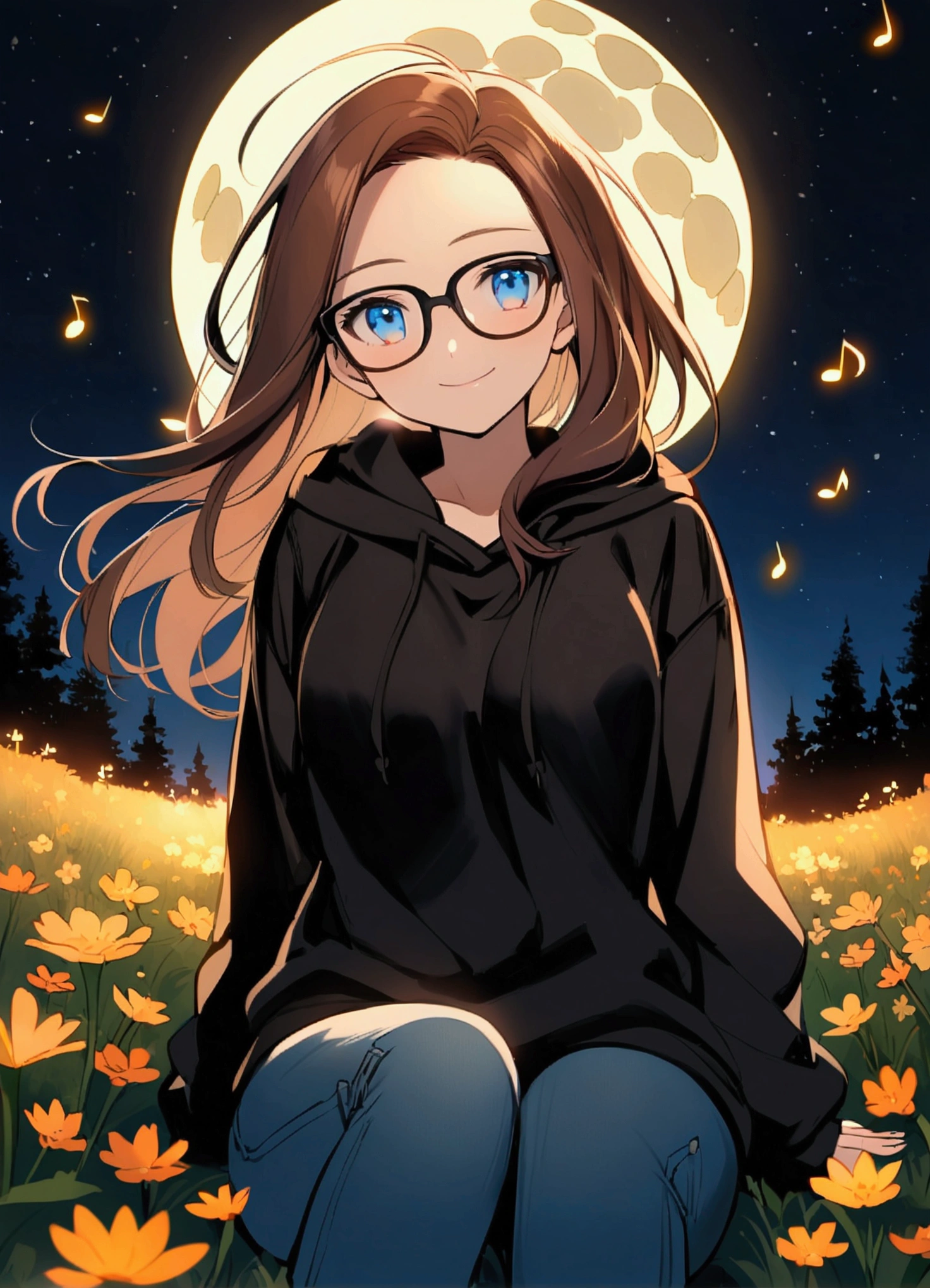 Alone, One person, Anime woman (shoulder length brown hair, blue eyes, black hoodie, jeans, dark framed glasses, clear forehead, smiling) . Sitting on a flowering meadow at night. Glowing musical notes fly around her. Full moon in the night sky.