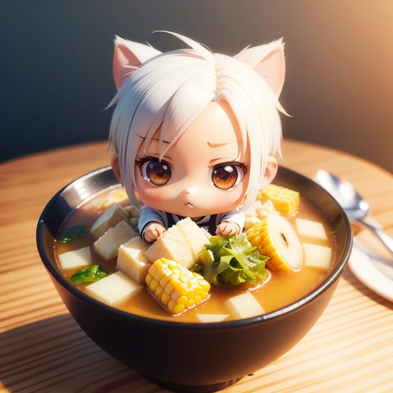 (((chibi 3d))) Cute and beautiful chibi anime , head big , focus head,Empty hairstyle with white short hair,,Masuda's pose🙏,corn soup,Seafood Salad🥗,Placemat, background clean