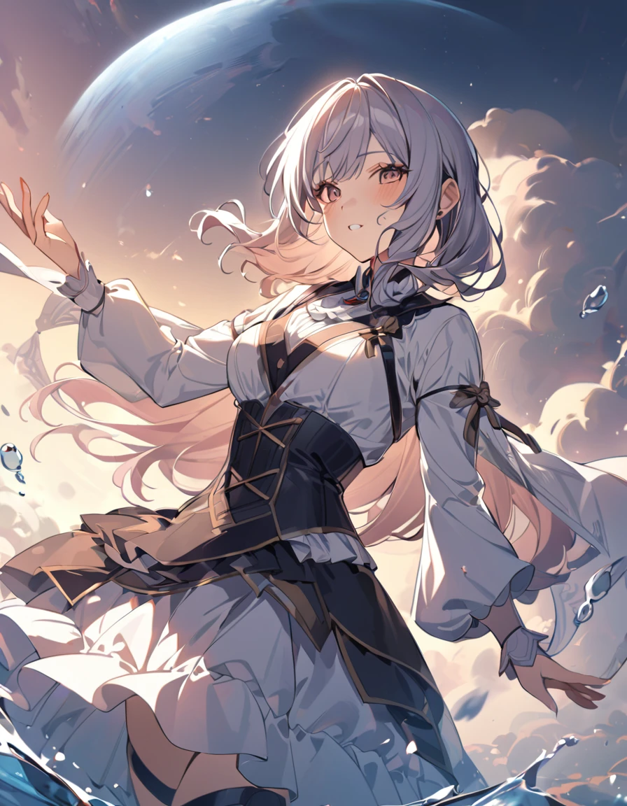 one beautifu girl floating in the sea using a floating ring,long straight gold ash hair,wearing Bikini(put the element of goth loli).light smile,(masterpiece), (best quality), (ultra-detailed), (illustration), (detailed light),(an extremely delicate and beautiful),(beautiful details eyes),natural light, wide angle shot, and high quality photo.