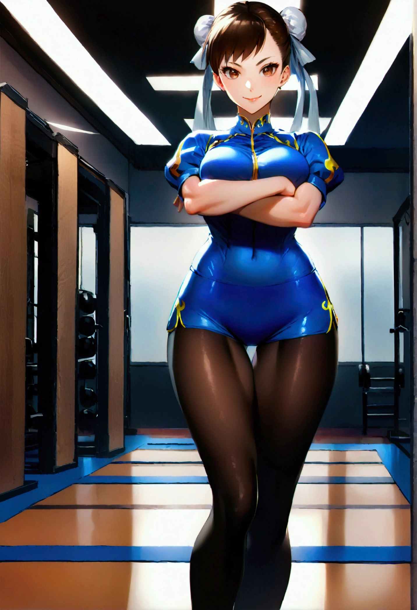 chun li,beautiful young fitness woman with , in a gym wearing May with black pantyhose, white and blue fitted gym jacket. standing alone, of hair,shiny brown eyes,beautiful smile,legging preto aura ,crossed arms
