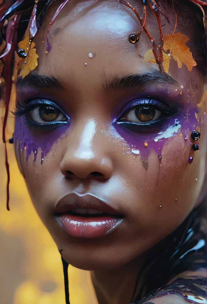 samdoesarts style a Obsidian fairy by agnes cecile,by art Simon Stalenhag,Nicola Samori,(((Wangechi Mutu))), luminous design, pastel colours, ink drips, autumn lights,extremely detailed,masterpiece,intricate details,faded,eyes extremely detailed, high detailed eyes,4k resolution,RAW, Nikon Z9