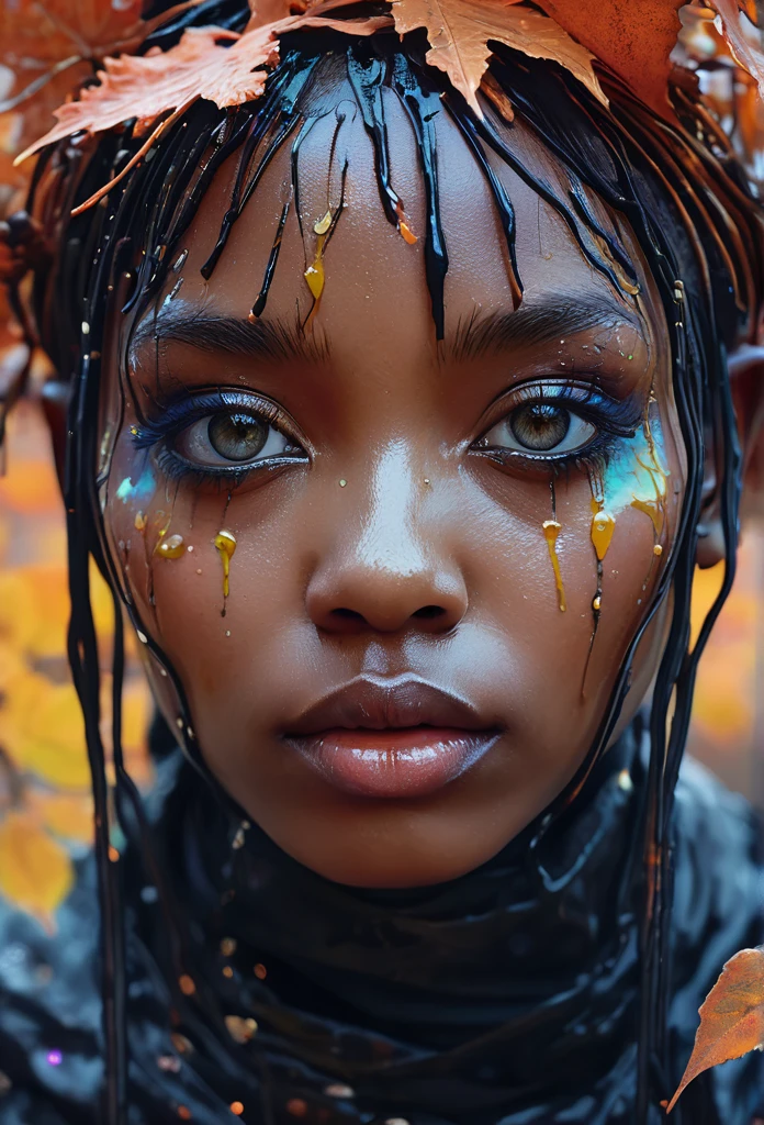 samdoesarts style a Obsidian fairy by agnes cecile,by art Simon Stalenhag,Nicola Samori,(((Wangechi Mutu))), luminous design, pastel colours, ink drips, autumn lights,extremely detailed,masterpiece,intricate details,faded,eyes extremely detailed, high detailed eyes,4k resolution,RAW, Nikon Z9