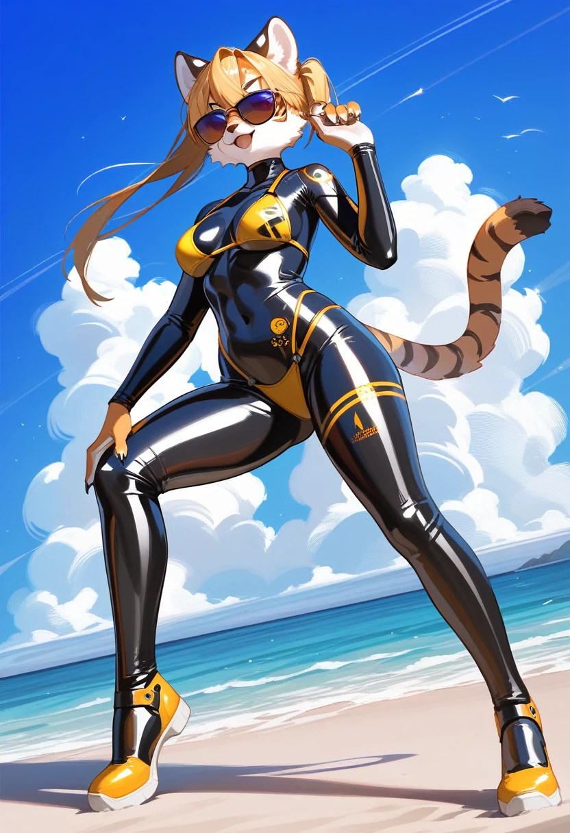 Highest quality, Highest quality, High quality illustrations, masterpiece, Ultra-high resolution, Detailed Background, beach, Absurd, Perfect Anatomy, performance, Good lighting, Shadows in the movies(kemono, Furry Personifi猫ion), Saber Tiger, Rubber Suit, latex, neon, neonライト, neonカラー, Bodysuits, Cyber Suit, cyber punk, Swimwear, bikini, sunglasses, Tattoo, Dynamic Angle
