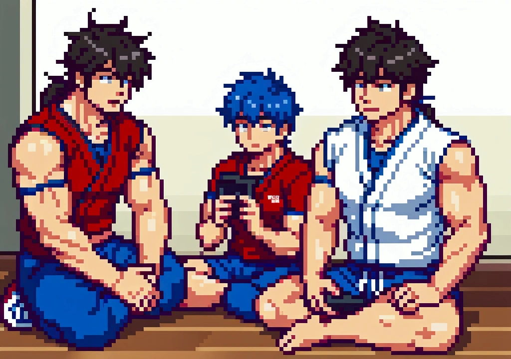 Ryu and Ken playing video games, sitting on the floor of a gym