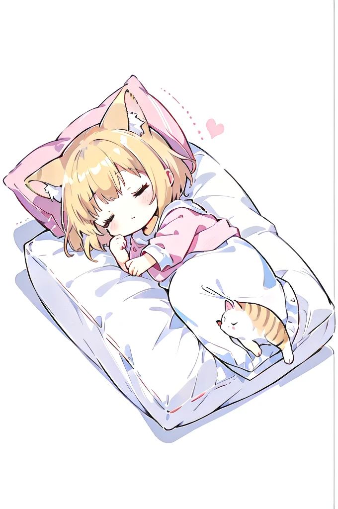 Short Hair、A cartoon of a cat sleeping on a pillow and another cat sleeping on it, there is nothingmimi, Cat girl, Beasts, There is a cat next to her, Cat girl, cute anime Cat girl, Ah ah, there is nothing, anime Cat girl, Anime Cat, dlc, Pink nightcap、Blonde Hair、Sleeping on a futon、cute、Chibi Character