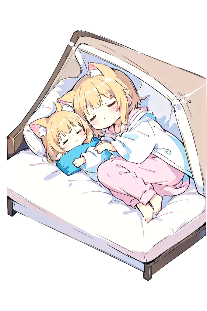 Short Hair、A cartoon of a cat sleeping on a pillow and another cat sleeping on it, there is nothingmimi, Cat girl, Beasts, There is a cat next to her, Cat girl, cute anime Cat girl, Ah ah, there is nothing, anime Cat girl, Anime Cat, dlc, Pink nightcap、Blonde Hair、Sleeping on a futon、cute、Chibi Character