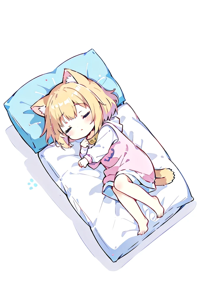 Short Hair、A cartoon of a cat sleeping on a pillow and another cat sleeping on it, there is nothingmimi, Cat girl, Beasts, There is a cat next to her, Cat girl, cute anime Cat girl, Ah ah, there is nothing, anime Cat girl, Anime Cat, dlc, Pink nightcap、Blonde Hair、Sleeping on a futon、cute、Chibi Character