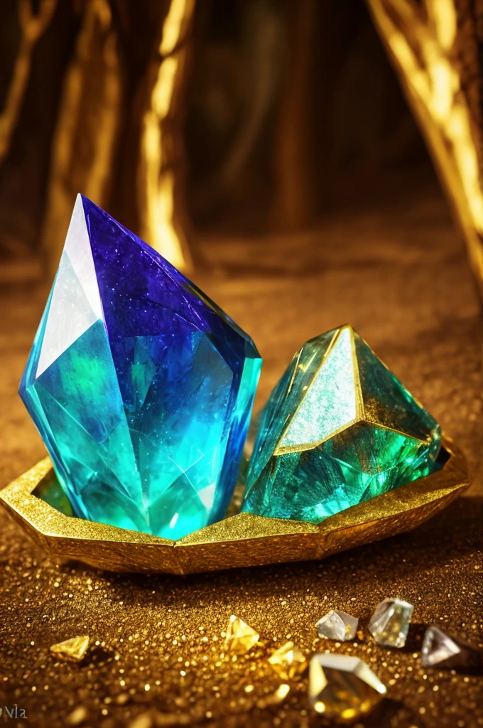reasures, crystal, gem, gold, very beautiful, ore, ingot, photorealism, 8k, extra detailed, fantasy, forest