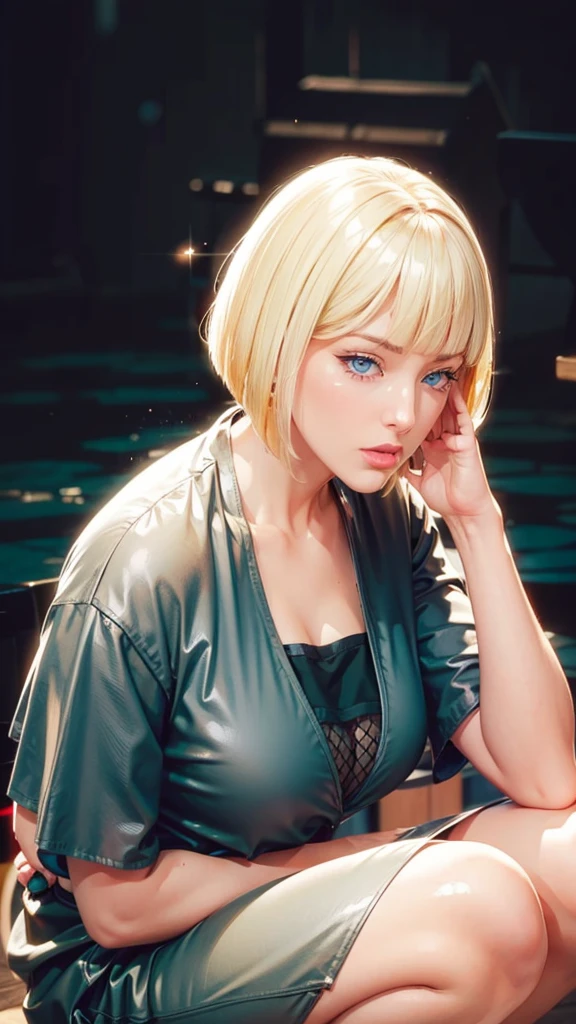 (((Perfect body,White and tender skin,(((BLACK KIMONO, CLEAVAGE, VAMBRACES,))),(((Samui, Blue eyes, blonde hair, short hair, bangs, blunt bangs,))),((masterpiece)),high resolution, ((Best quality at best)),masterpiece,quality,Best quality,((( Exquisite facial features,Looking at the audience,There is light in the eyes,Poker face))),Squatting,From below))),(((Light and shadow,Huge breasts,))),(((Looking at the camera,black background,)))),