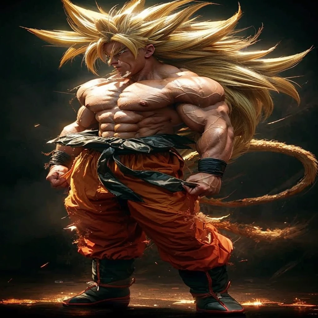 man with muscle , yellow hair, super saiya, dragon ball, lightening 