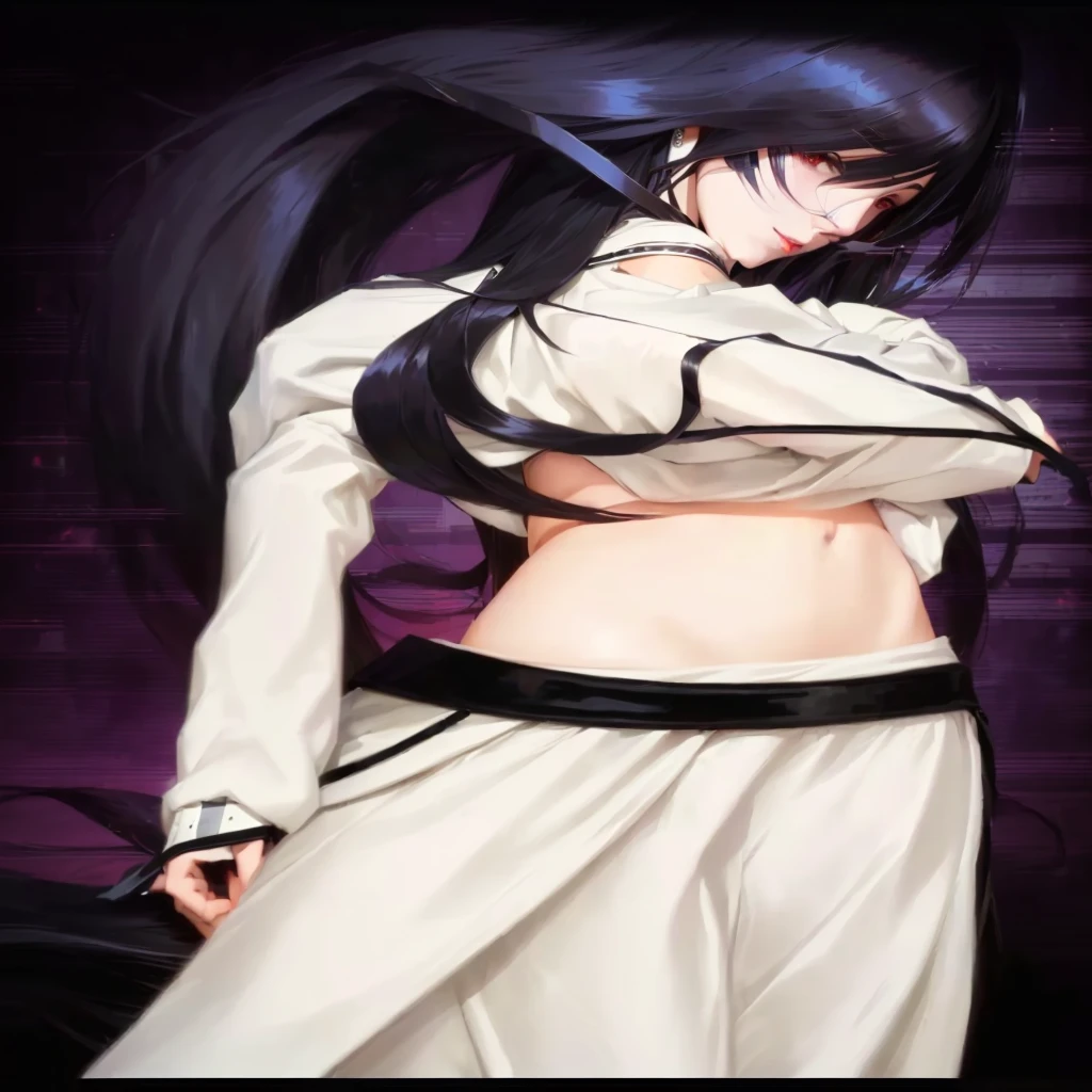  anime with long black hair and white top pose, Gamoe Yandere grimdark, Albedo the Overlord, Tifa Lockhart, travel through udonein inaba, Tifa, Mayuri Shiina of Steins Gate, Hinata Hyuuga, katanas strapped to the back, Gamoe Yandere, twintails brancos_gloves