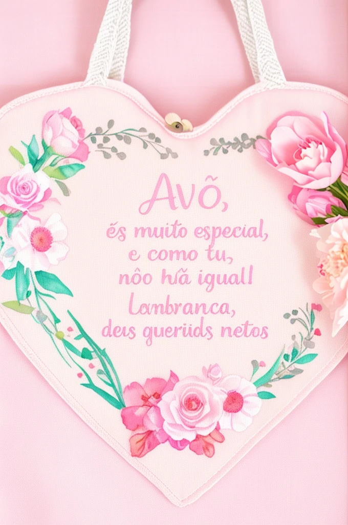 bag made of linen, has a heart-shaped, floral frame, Delicate watercolor flowers in vibrant pink and pink tones, Engaging illustrations. The text "grandmother, you are very special, It is like you, there is no equal! Memento, of your beloved grandchildren".
