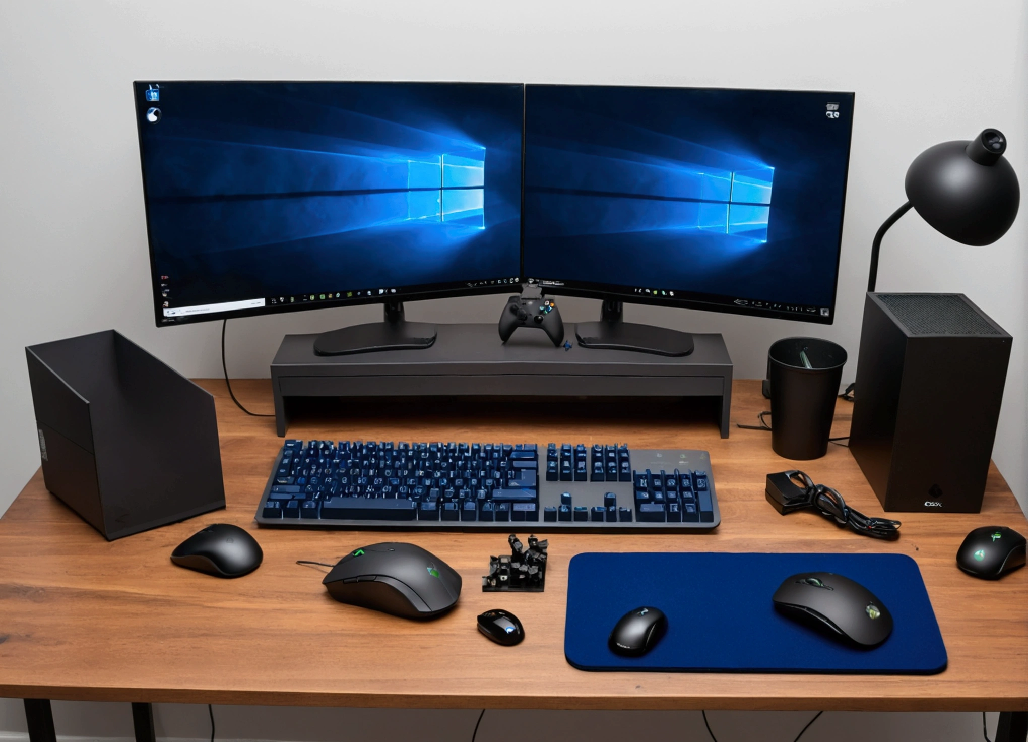 Setup with the following items: Office table 1,20 Above it is a 4k monitor An Xbox one x with black controller Black mechanical keyboard Navy blue mouse pad White wireless mouse