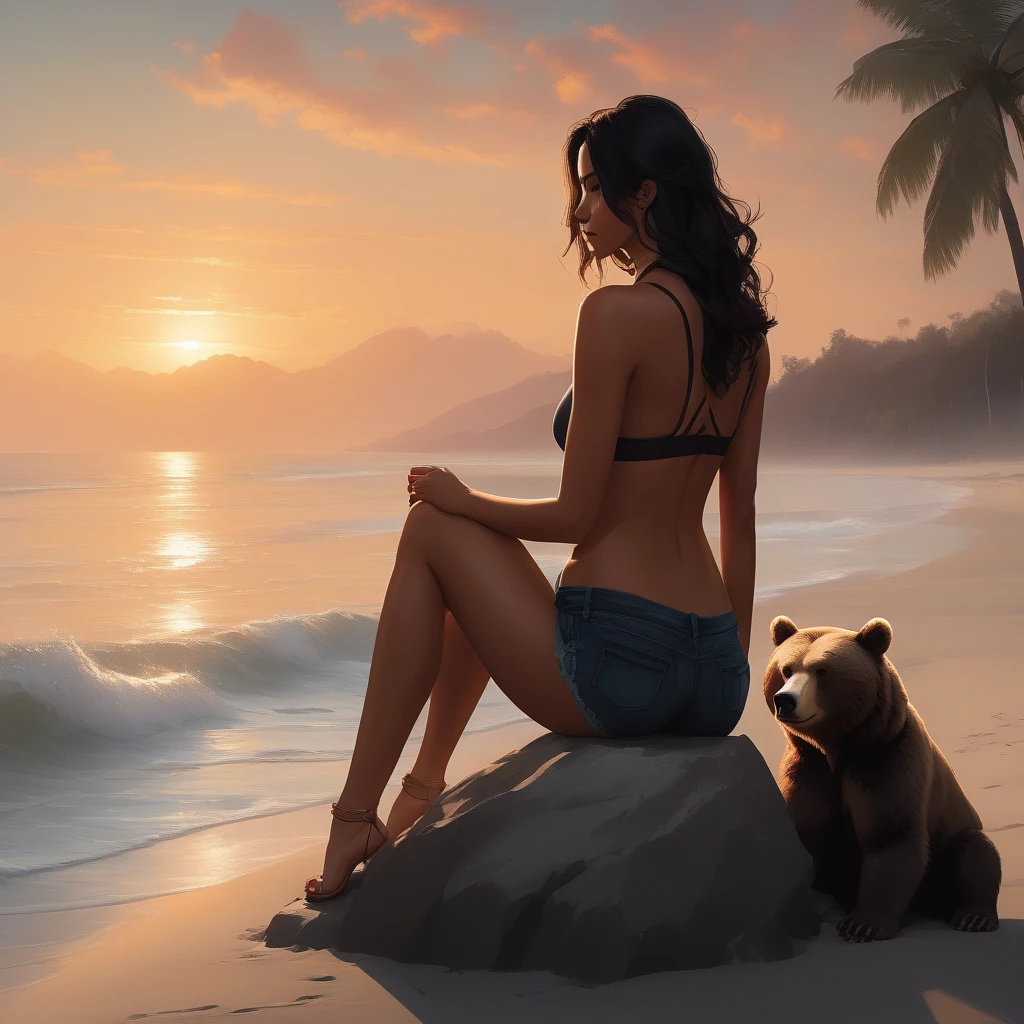 Beautiful picture of fade_valorant sitting on the beach enjoying the view, bikini, sitting on a rock, sunset, shoulders tattoo of a bear paw
