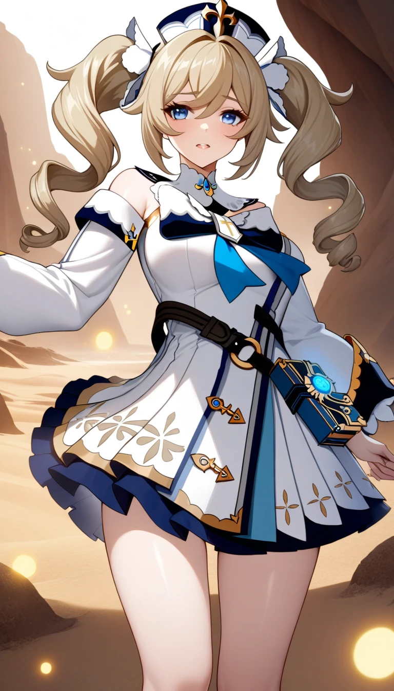 masterpiece, best quality, very aesthetic, absurdres, 1girl, mature_lady,white_dress,(cum_on_body:1.2),,barbara_(genshin_impact), genshin_impact, 1girl, blonde_hair, blue_eyes, drill_hair, hair_between_eyes, long_hair, twin_drills, twintails,,in desert,glowing stardust frontground,fantasy,sparkling,fireflies,