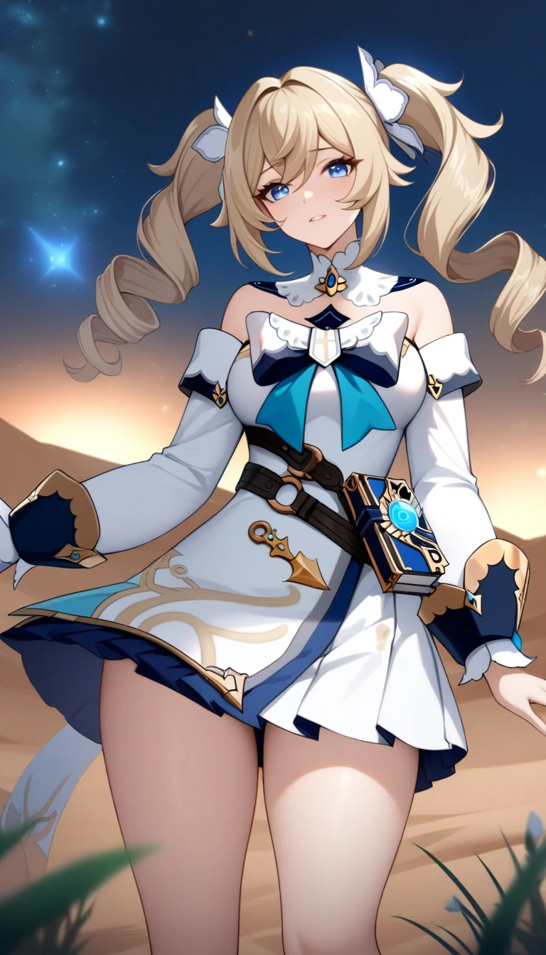 masterpiece, best quality, very aesthetic, absurdres, 1girl, mature_lady,white_dress,(cum_on_body:1.2),,barbara_(genshin_impact), genshin_impact, 1girl, blonde_hair, blue_eyes, drill_hair, hair_between_eyes, long_hair, twin_drills, twintails,,in desert,glowing stardust frontground,fantasy,sparkling,fireflies,