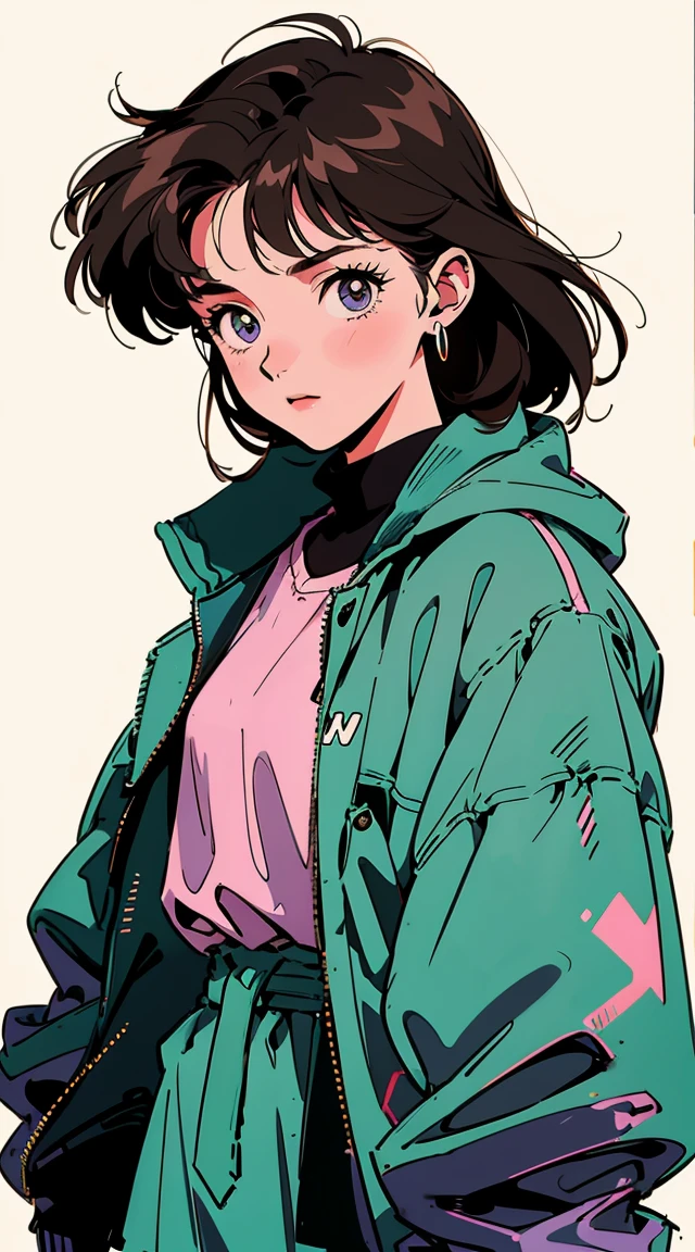 Best image quality, 90s style anime, 21 year old girl, Brown Hair, Waist-length hair、No bangs, Slanted Eyes, Wearing a loose parka, 90s fashion, White Background,